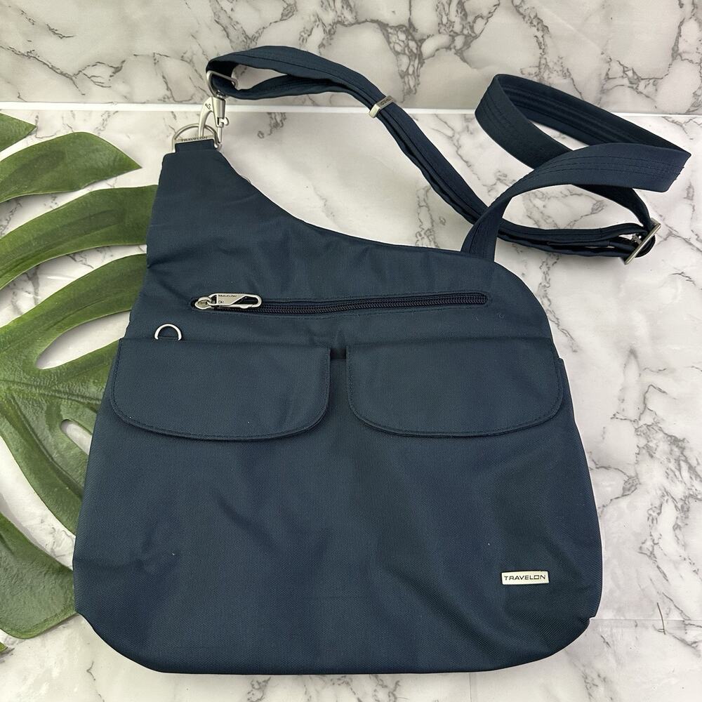 Travelon Womens Cross Body Purse Bag Navy Blue Nylon Travel Anti Theft Pockets
